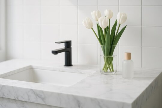 Modern bathroom vanity with white tulips and black faucet