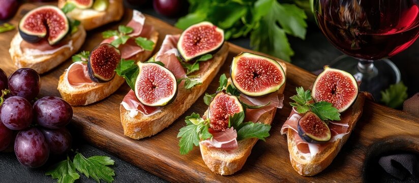 toasted baguette crostini topped with halved fresh figs, thin cured ham and green herbs on a wooden board with red grapes and a glass of red wine, inviting and elegant