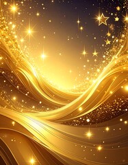 Abstract golden waves with glittering stars cascade down against a dark gradient background