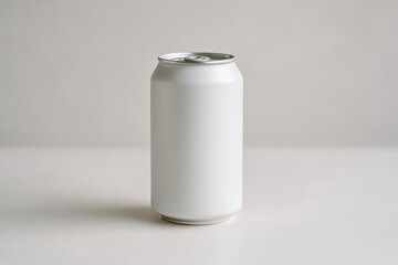 Blank white aluminum can on a light background studio shot