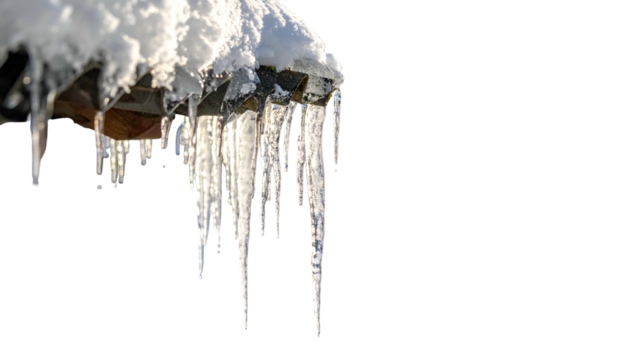 Close-up of snow-covered roof with a cluster of dangling icicles against a dark background