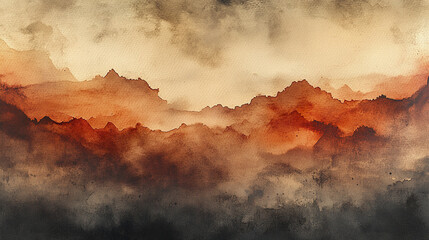 Naklejka premium Textured watercolor background in warm brown hues with abstract mountain shapes and misty atmosphere creating dramatic and moody landscape effect