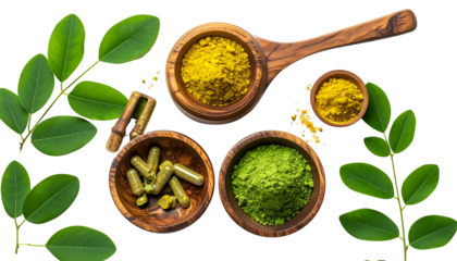 Botanical arrangement featuring leaves, powders, capsules, and wooden bowls on a black backdrop