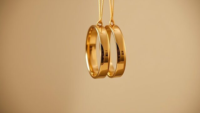 Three golden wedding bands hanging vertically with soft light highlighting their shine.