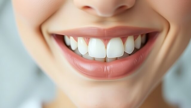 Close-up of bright white teeth with natural smile and soft diffused lighting for dental hygiene.