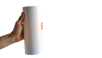 Person's hand gripping a white cylindrical object, set against a dark backdrop