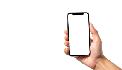 A hand holds a smartphone with a blank white screen against a black backdrop (1)