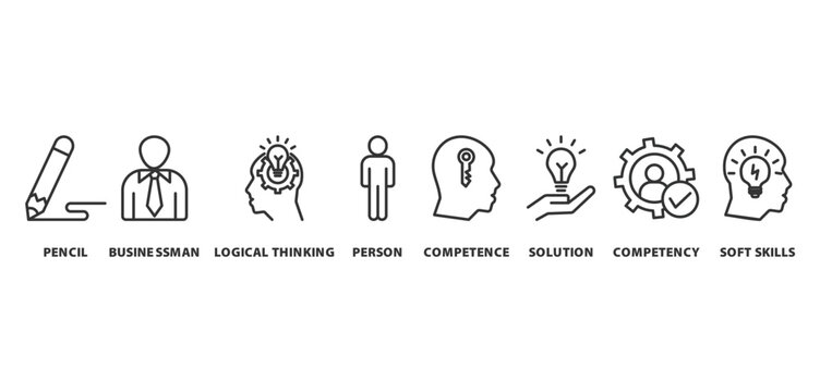 soft skills banner icon concept with icon of pencil, businessman, logical thinking, person, competence ,solution, competency, and soft skills

 





