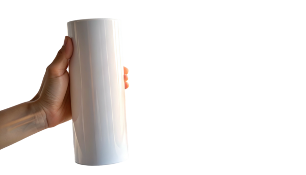 Person's hand gripping a white cylindrical object, set against a dark backdrop