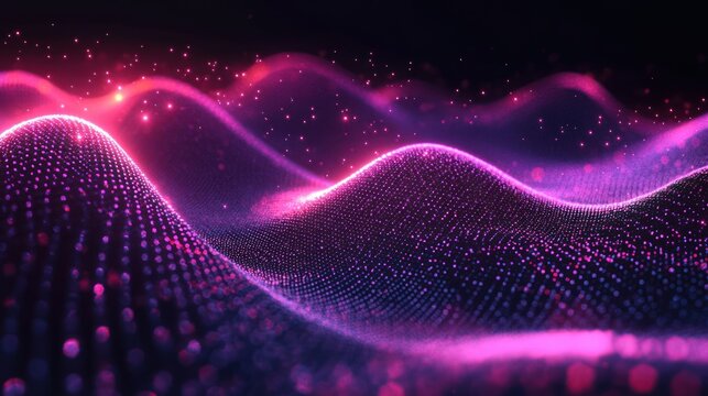 Glowing neon purple and pink particle waves forming a flowing digital mesh landscape with sparkling bokeh lights, futuristic and mesmerizing energy