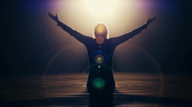 Silhouette of a woman with arms raised in praise standing in water under a divine light. Spiritual healing and enlightenment concept with glowing chakra energy points