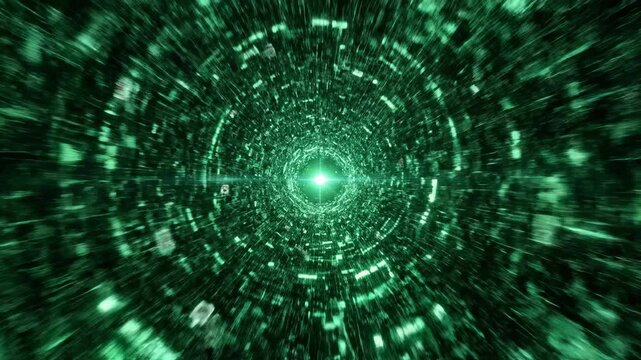 Highly detailed digital data vortex comprised of sharp green lines and geometric shapes rapidly spinning through a black void coding, telecommunications, matrix effect