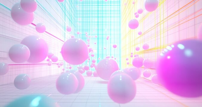 glossy pink spheres floating through a neon pastel wireframe grid room, dreamy playful futuristic atmosphere