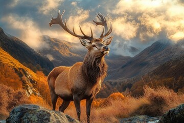 Majestic stag with large antlers standing on rocky outcrop in a golden autumn valley with misty mountains and dramatic clouds at sunrise, proud and serene