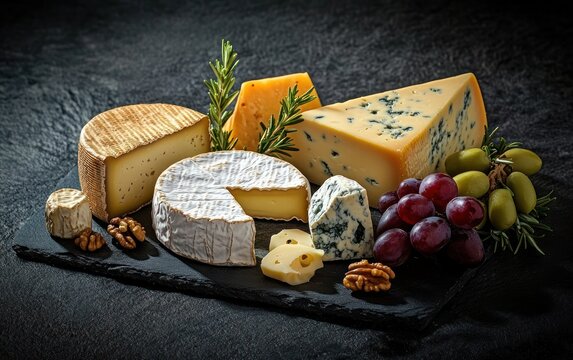 assorted gourmet cheese board on slate with creamy brie wheel, round washed rind cheese, blue cheese wedge, aged cheese, red grapes, green olives, walnuts and rosemary, inviting and elegant - Powered by Adobe