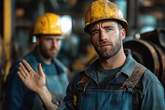Two industrial workers in worn blue overalls and yellow hard hats inside a factory, one gesturing with a dirty hand, focused and collaborative mood