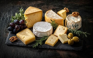 Assorted artisanal cheeses including a creamy round soft cheese, blue veined wheel, wedges and slices on a slate board with grapes, green olives, walnuts and rosemary, warm inviting mood