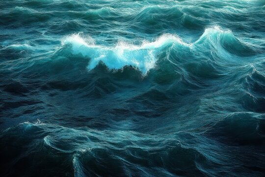 turbulent teal ocean waves with white foam crests under dramatic moody light