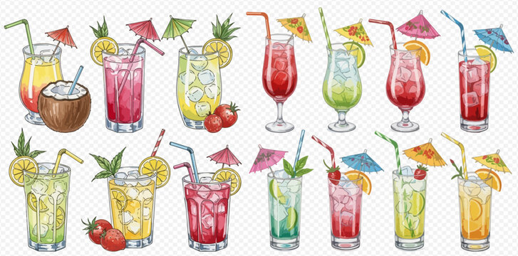 Watercolor illustration of various refreshing summer cocktails and tropical drinks with fruit garnishes and decorative umbrellas on a transparent background.