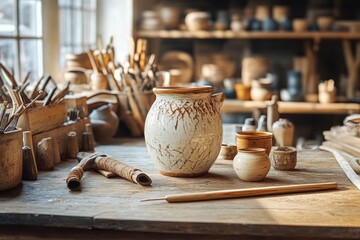 sunlit rustic pottery studio workbench with cracked glazed jar, small clay cups, wooden sculpting tools and shelves of ceramics evoking warm focused craftsmanship