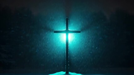 Glowing christian cross illuminates a dark winter landscape during a heavy snowstorm. Spiritual symbol of faith and hope shining brightly in a blizzard at night