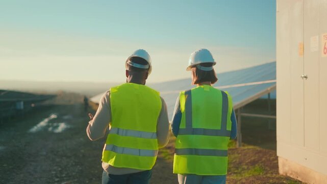 Two workers discuss solar panel installation at renewable energy site in sunny location