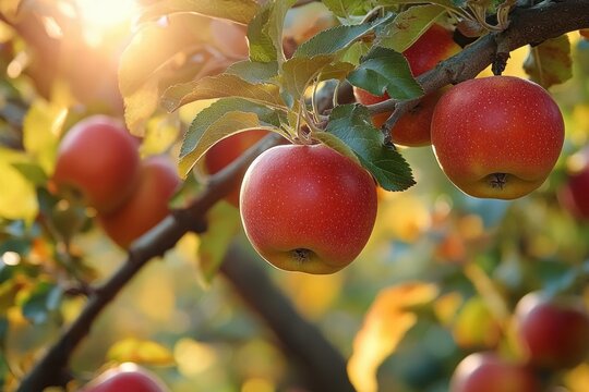 Ripe red apples hanging from a leafy branch in a sunlit orchard, warm golden light and soft bokeh evoke a peaceful harvest moment