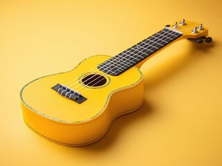 yellow ukulele with dark fretboard and silver tuning pegs resting on matching yellow background, evoking a bright cheerful playful mood