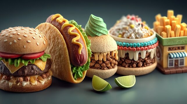 3D Fast Food Icon Set with Pizza, Hamburger, Taco, Hot Dog, Fries, Ramen