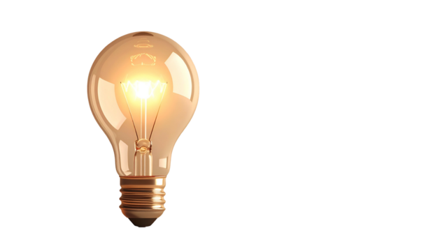 Lit incandescent lightbulb isolated against a stark black background, shining brightly