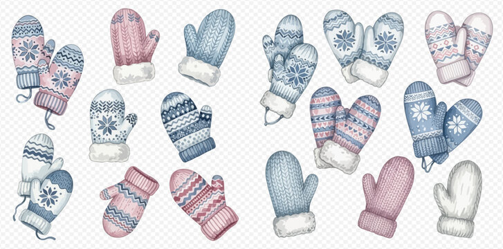 Watercolor illustration set of various knitted winter mittens with snowflake and striped patterns in pastel blue, pink, and white colors.
