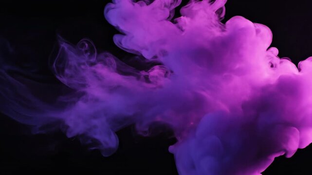 Highly detailed slow motion cinematic shot of vibrant purple colored smoke resonating and swirling in thick, undulating waves on a black background highly detailed, texture, fog