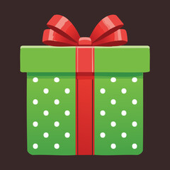 Green Christmas Present Box with Red Ribbon and Vertical Stripe Pattern Festive Design