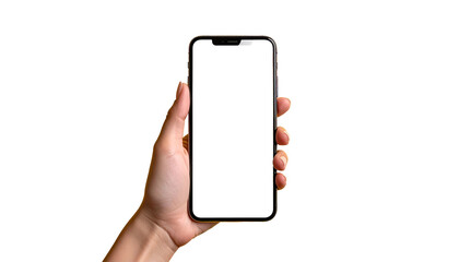 A hand holding a smartphone with a blank white screen, isolated against a black background