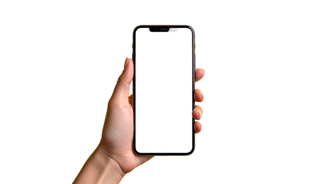 A hand holding a smartphone with a blank white screen, isolated against a black background