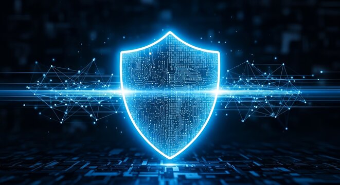 Digital cybersecurity shield protecting data and networks. Excellent for technology, business, or security themes. Perfect for creating a sense of safety and advanced protection.