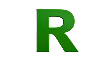 A vibrant, glossy green letter "R" stands out against a stark black background