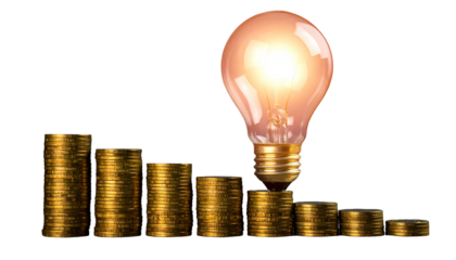 Bright lightbulb above diminishing stacks of golden coins on a black background
