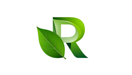 A vibrant, green letter "R" with a leaf attached, set against a stark black background