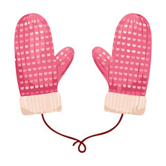 Pair of Warm Pink Mittens with White Fur Trim Connected by a String for Cozy Winter Fashion