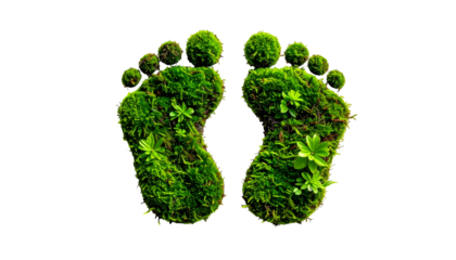 Two footprints made of lush green moss and small plants on a black background