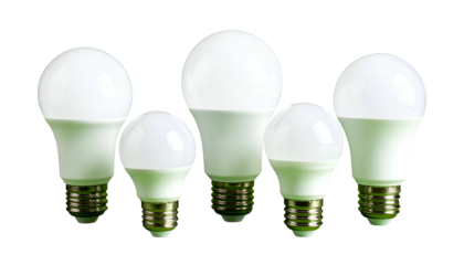Five white light bulbs of varying sizes, isolated on a black background