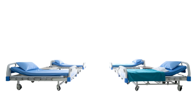 Two hospital beds, blue and white, against a black background. One bed has a blanket