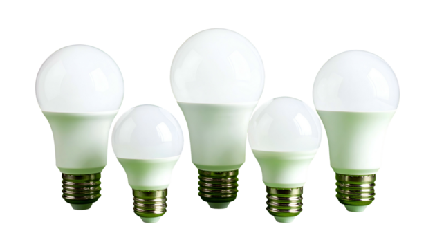 Five white light bulbs of varying sizes, isolated on a black background