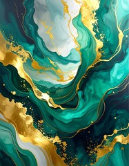 Abstract emerald and gold art Swirling teal hues accented by shimmering gold veining create a luxurious, fluid effect