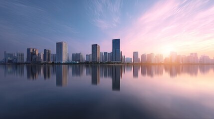 Naklejka premium Serene Urban Skyline Reflected on Calm Water During Sunset