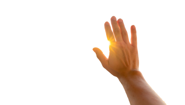 Palm held up, fingers spread, glows with light against a stark black background