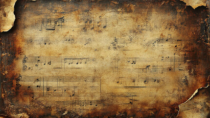 Vintage music sheet with grunge texture and burnt edges, showing faded musical notes on aged paper, evoking nostalgic and artistic emotions in rustic style