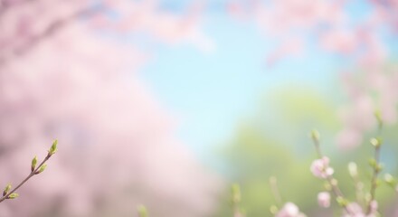 Delicate pink blossoms and fresh green buds frame a soft blue sky background