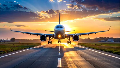 Airplane coming in for landing at sunset. Runway view with golden light shining behind the plane